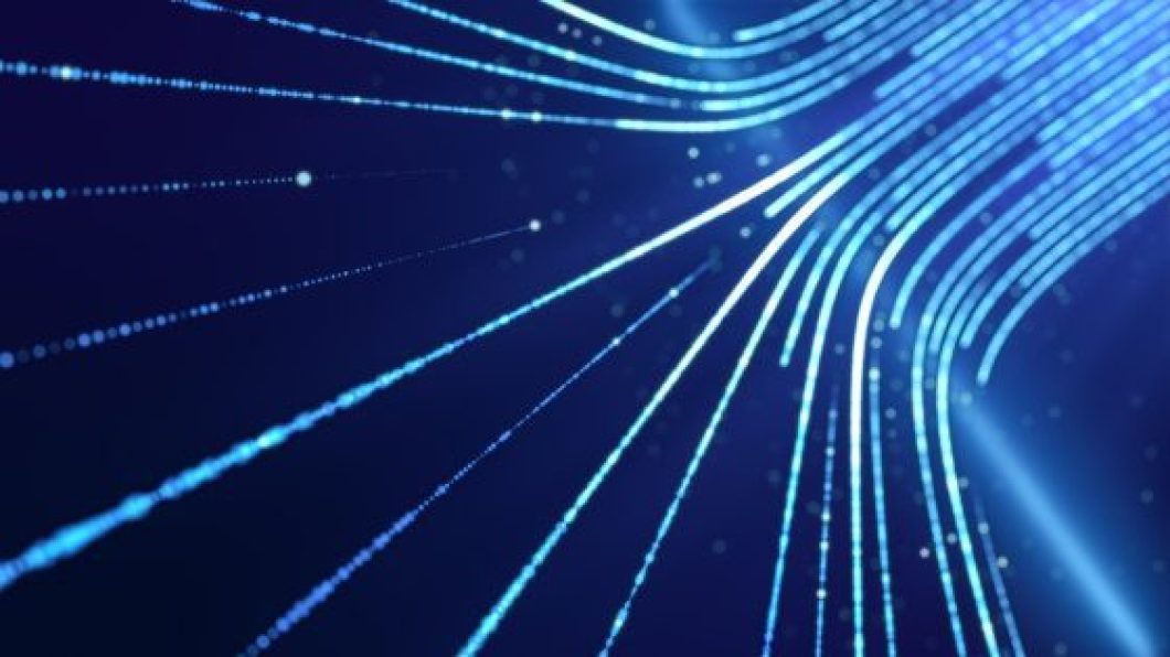 abstract internet data light stripe flowing in cyberspace, network information communication technology concept, neon curve line moving in motion
